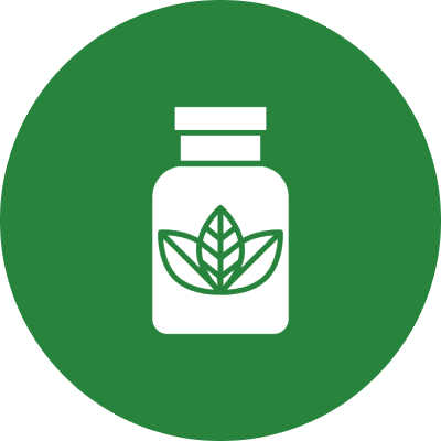 A green and white icon of a bottle with leaves on it.