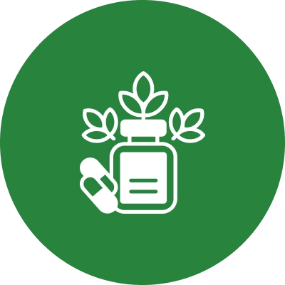 Herbal supplements in bottle and capsules.