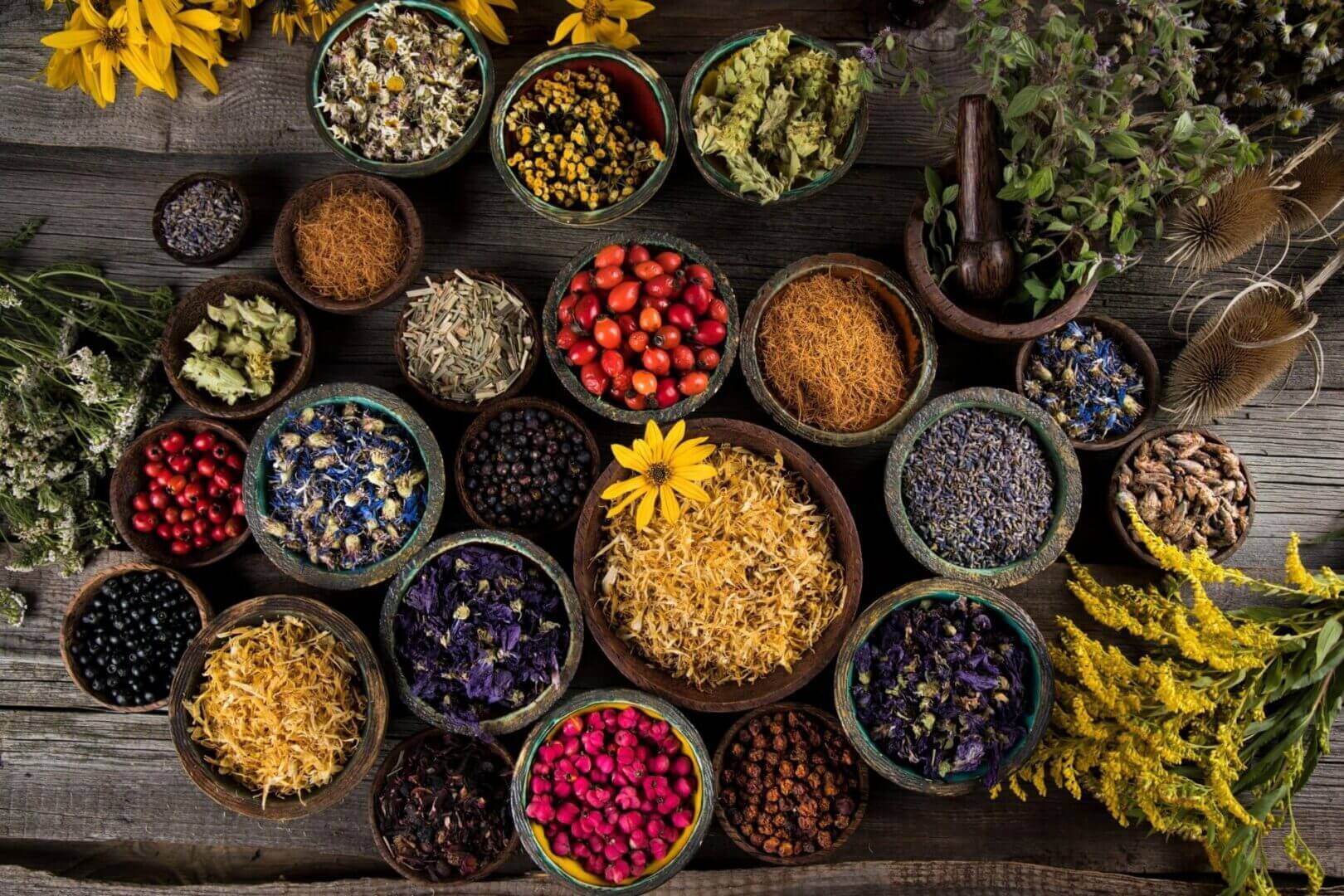 Dried herbs and flowers in bowls.