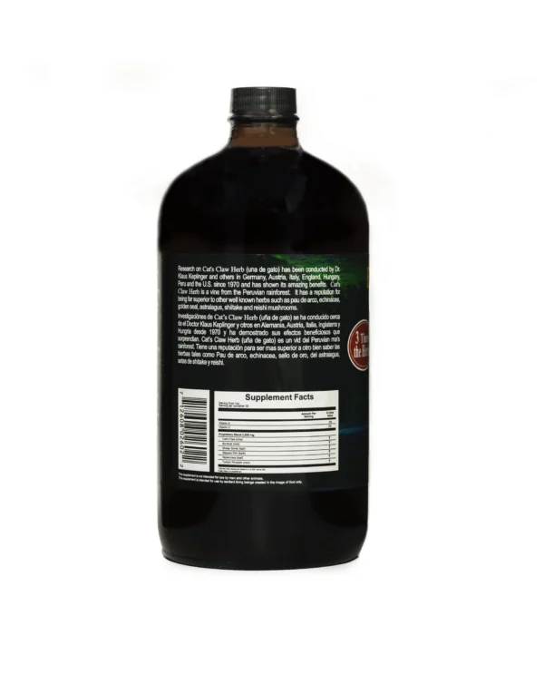 A bottle of liquid with a label on it.