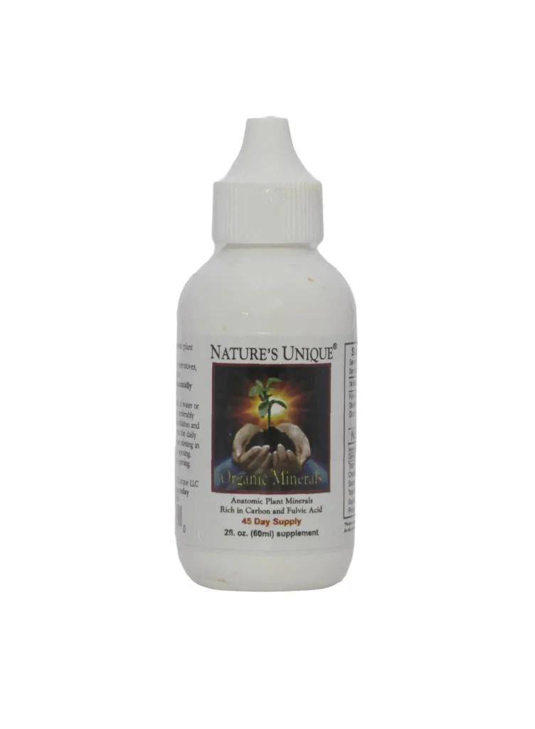 Organic Minerals 2 fl oz_ A bottle of liquid with a picture on it.