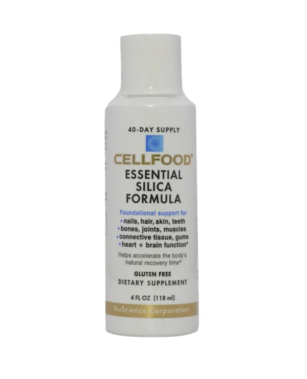 A bottle of cellfood essential silica formula.