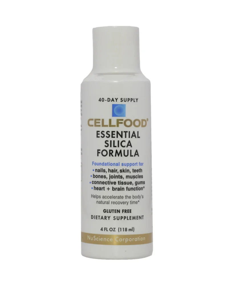 A bottle of cellfood essential silica formula.