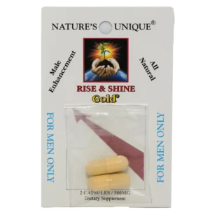 A package of pills for men with the words " rise & shine gold ".