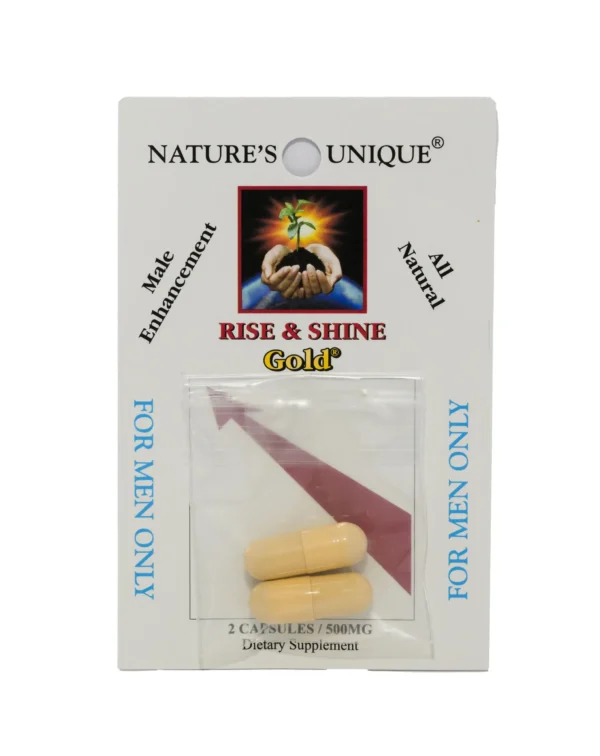 A package of pills for men with the words " rise & shine gold ".