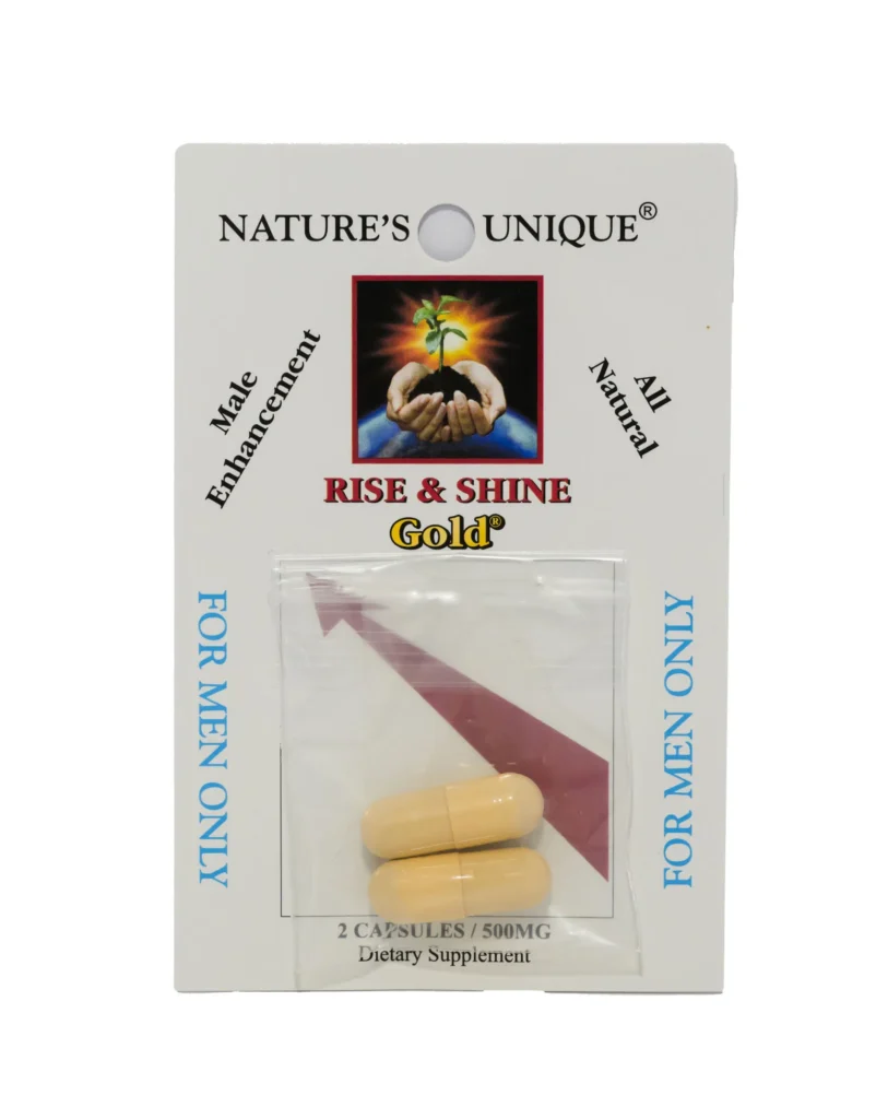 A package of pills for men with the words " rise & shine gold ".