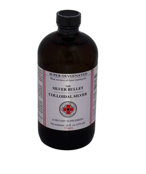 A bottle of colloidal silver is shown.
