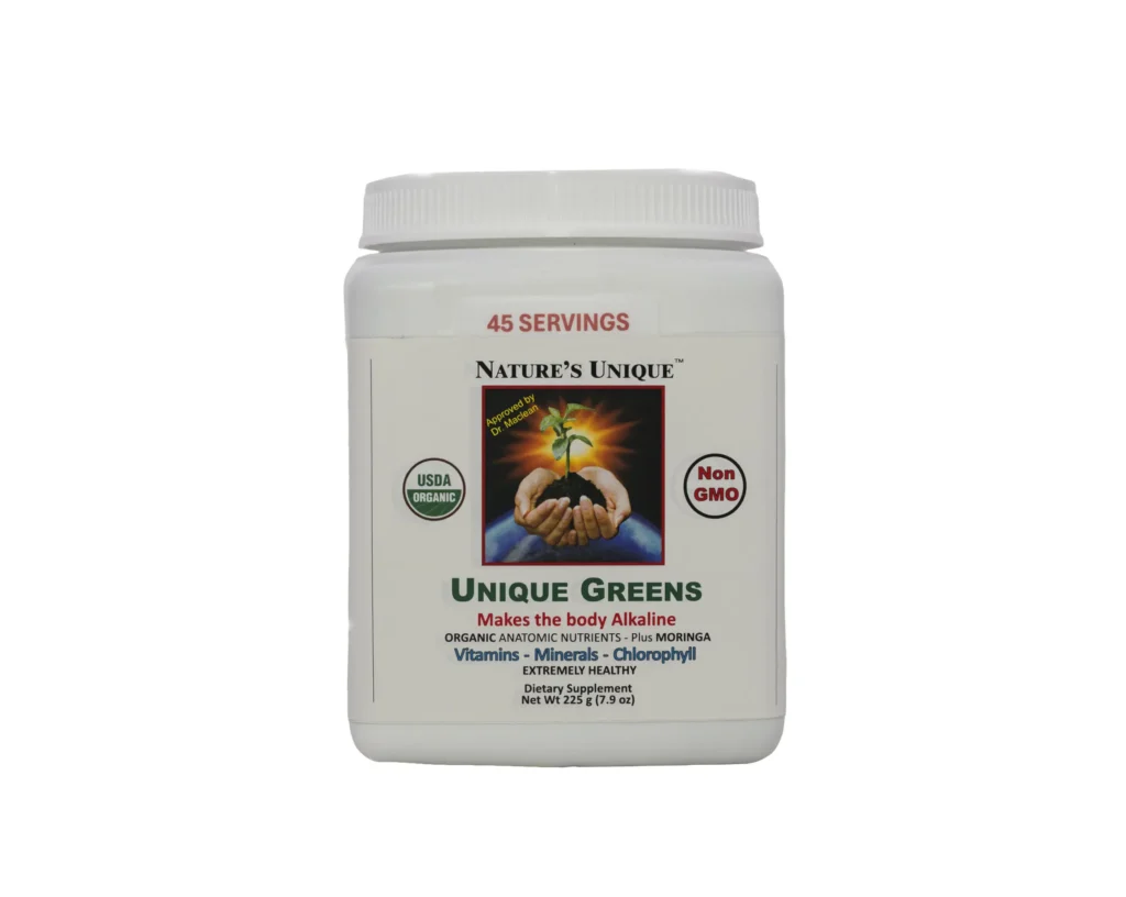 A jar of green juice with the words nature 's unique on it.