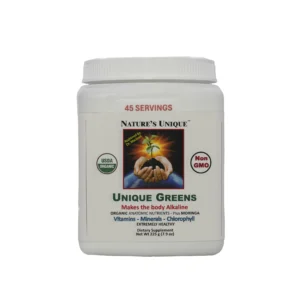 A jar of green juice with the words nature 's unique on it.