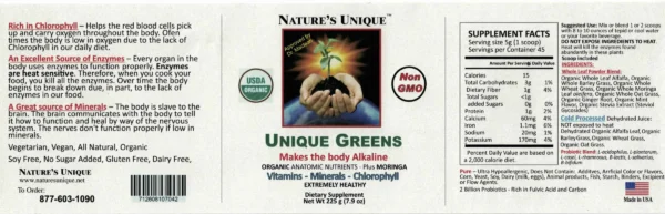 A picture of the label for nature 's unique greens.